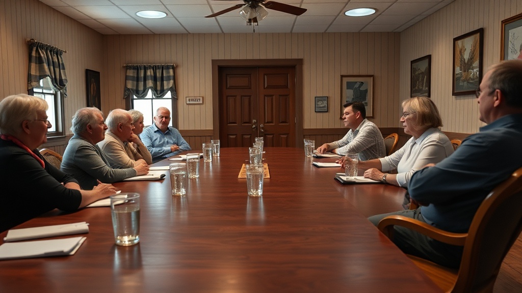 A school board meeting in a wood-paneled rural conference room