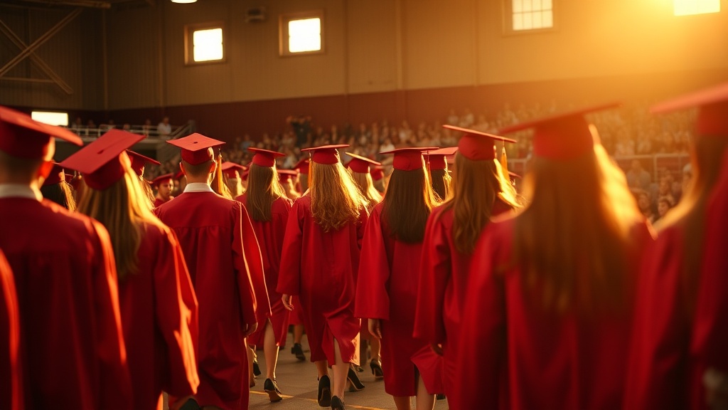 High school students in red caps and gowns at a graduation ceremony