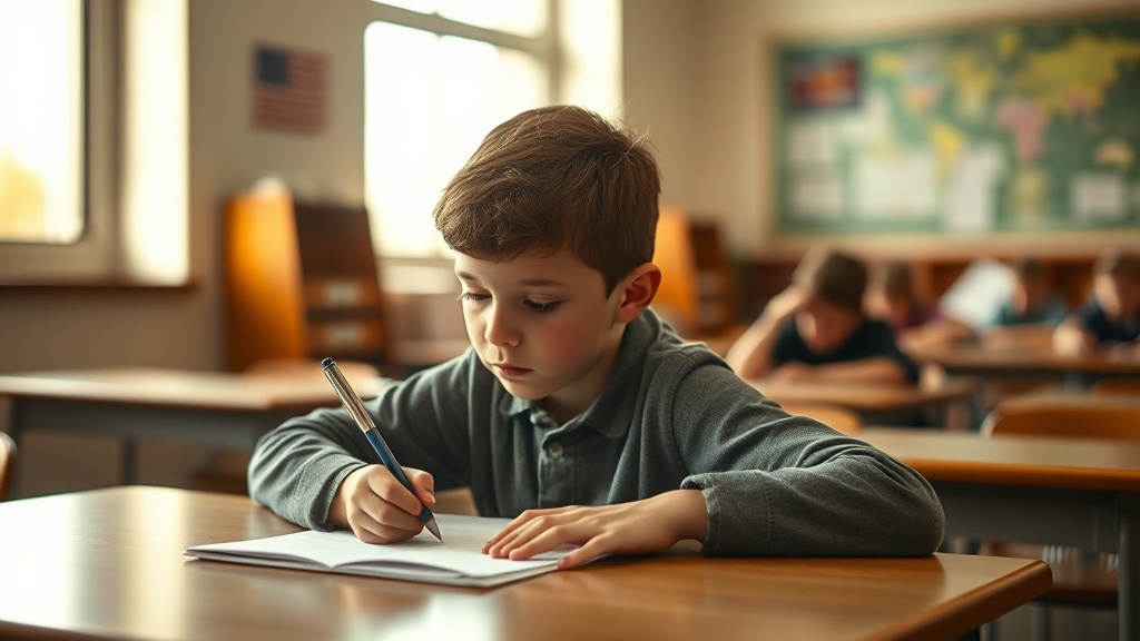 A student writing thoughtfully at a classroom desk