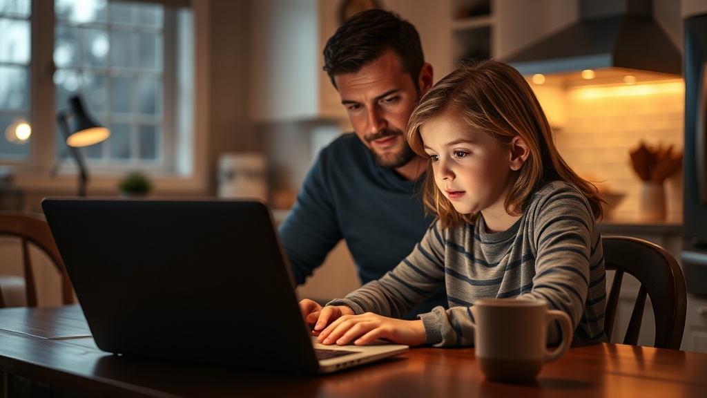 A parent and child sitting together at a kitchen table looking at a laptop