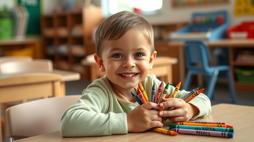 A young preschool child smiling with crayons in a colorful classroom