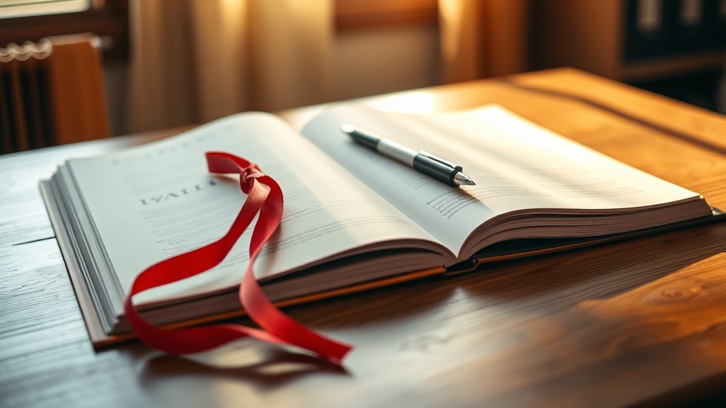 An open high school yearbook with a pen and red ribbon on a wooden table